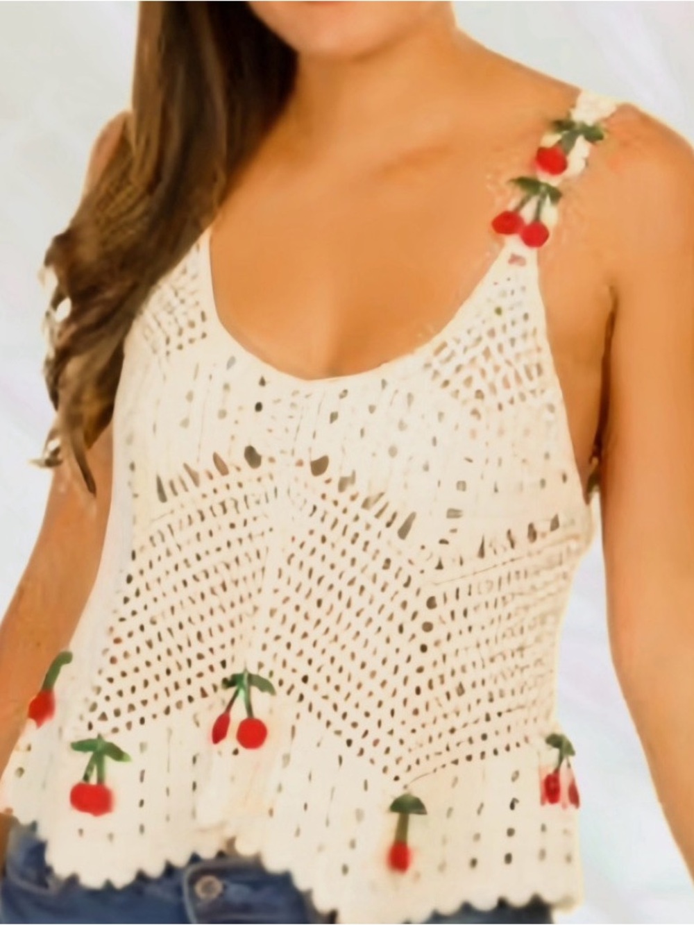 Rebellion Cream Crochet Camisole with Cherry Embroidery‎